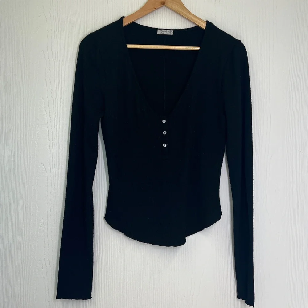Free People - Intimately Keep It Basic Black Ribbed Soft Henley Blouse Small - Picture 7 of 10